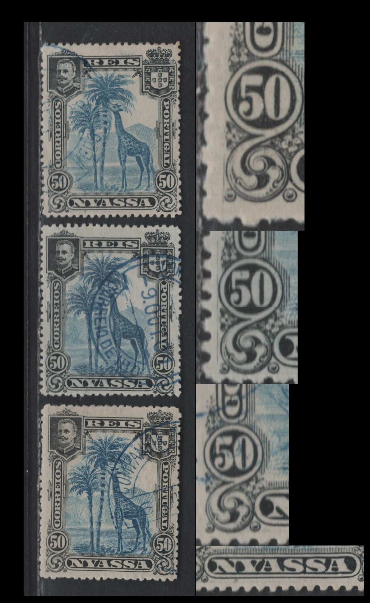 Lot 218 Nyassa SC#32 50r Black & Deep Blue Giraffe, 1901 Pictorial Issue, 3 Very Fine Used Singles, Perf 14, Guideline Scratches In Margins