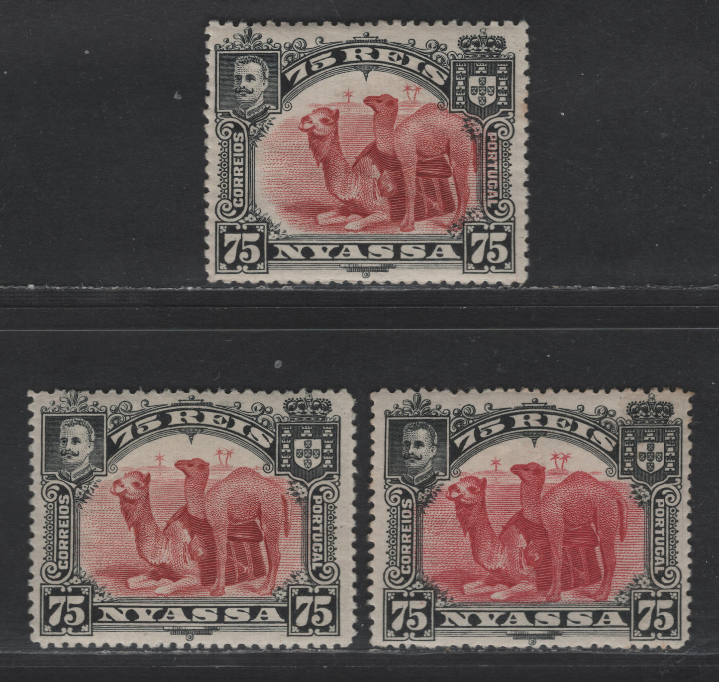 Lot 220 Nyassa SC#33 75r Black & Carmine Lake Camel, 1901 Pictorial Issue, 3 VFOG Singles, Perfs 13.75, 15 & 14.5