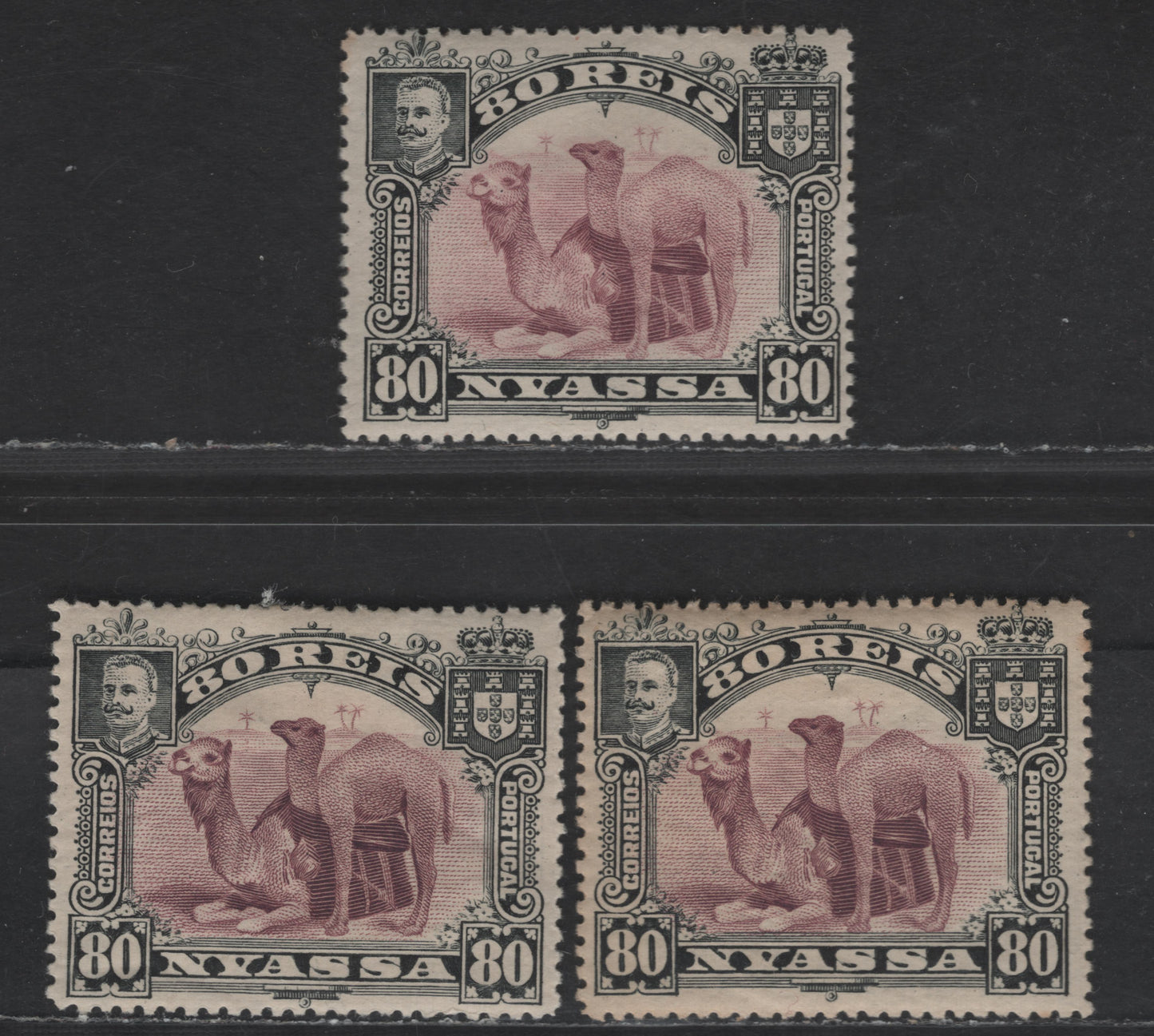 Lot 228 Nyassa SC#34 80r Black & Lilac Camel, 1901 Pictorial Issue, 3 VFOG Singles, Perfs 14 & 14.25, Two Shades Of Perf 14