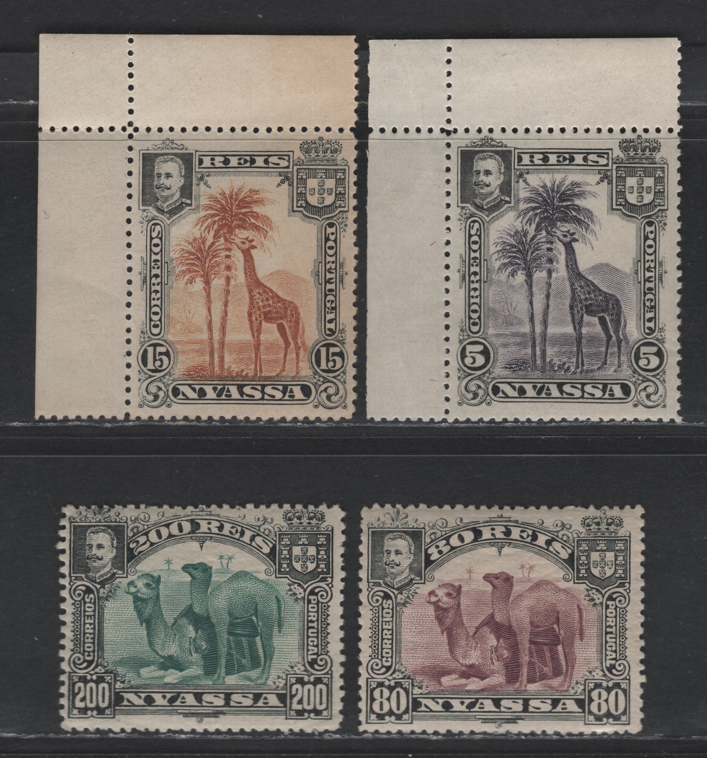 Lot 237 Nyassa SC#27, 29, 34, 37 5r - 200r Black & Violet - Black & Greenish Blue Camel, 1901 Pictorial Issue, 4 VFNH Singles, Perf 14