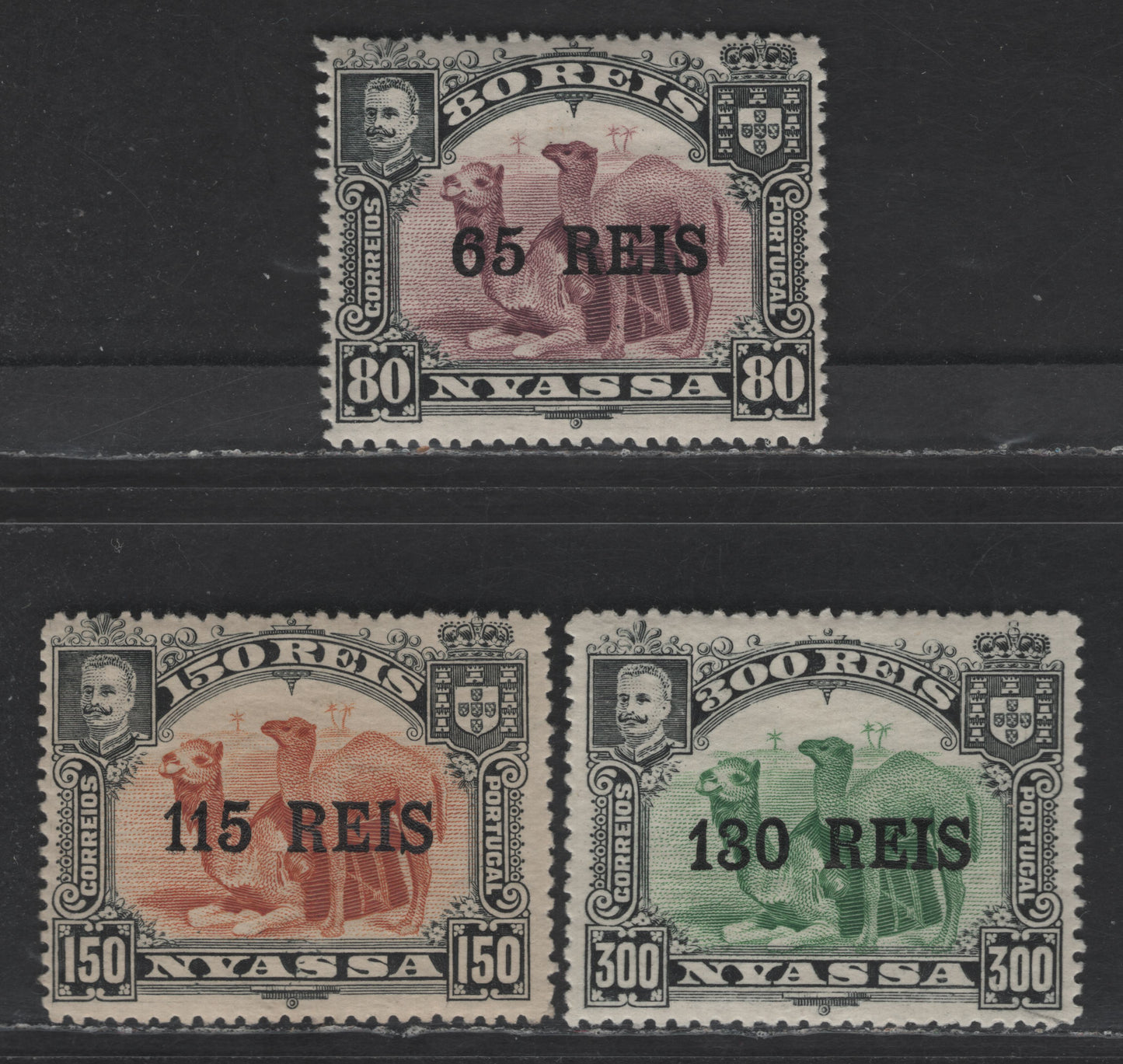 Nyassa SC#39-41 65r on 80r - 300r Black & Lilac - Black & Yellow Green Camel, 1903 Surcharged Issue, 3 VFOG Singles, Perf 14