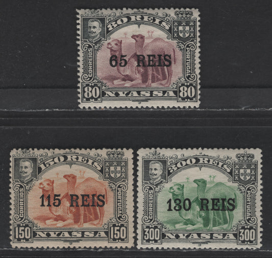 Nyassa SC#39-41 65r on 80r - 300r Black & Lilac - Black & Yellow Green Camel, 1903 Surcharged Issue, 3 VFOG Singles, Perf 14