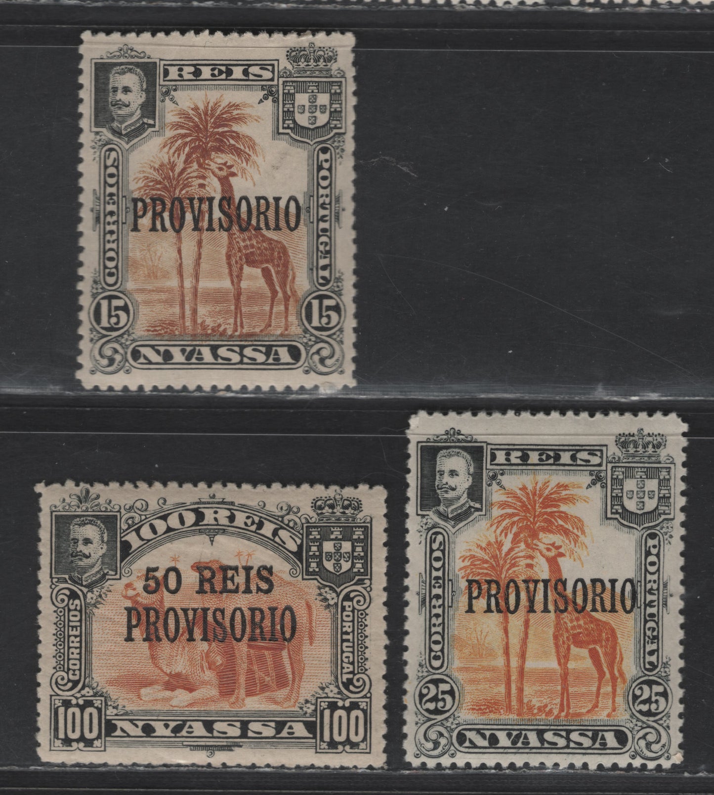 Nyassa SC#42-43, 50 15r - 50r on 100r Black & Orange - Black & Brown Bistre Camels, 1903-1910 Provisorio Overprinted Issue, 4 VFOG Singles