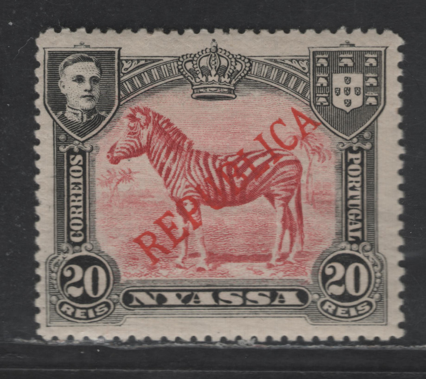 Lot 256 Nyassa SC#54var 20r Black & Carmine Lake Zebra, 1911 Republica Overprinted Issue, A VFOG Single, Full Overprint Offset on Gum, Perf 14.25