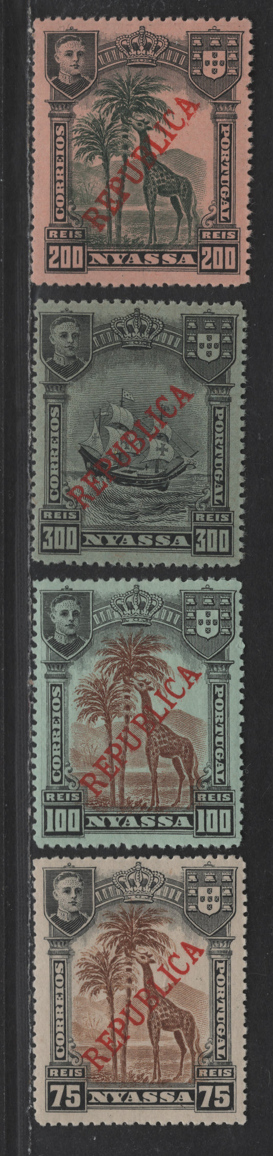 Lot 258 Nyassa SC#57-60 75r - 300r Black & Brown - Black on Blue Giraffes -Ship, 1911 Republica Overprinted Issue, 4 VFNH Singles, Perf 14, Light Fingerprint On 75r