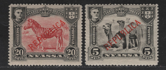 Lot 259 Nyassa SC#52, 54var 5r - 20r Black - Black & Carmine Lake Camels - Giraffe, 1911 Republica Overprinted Issue, 2 VFNH Singles, Perfs 13.75 & 14x14.24