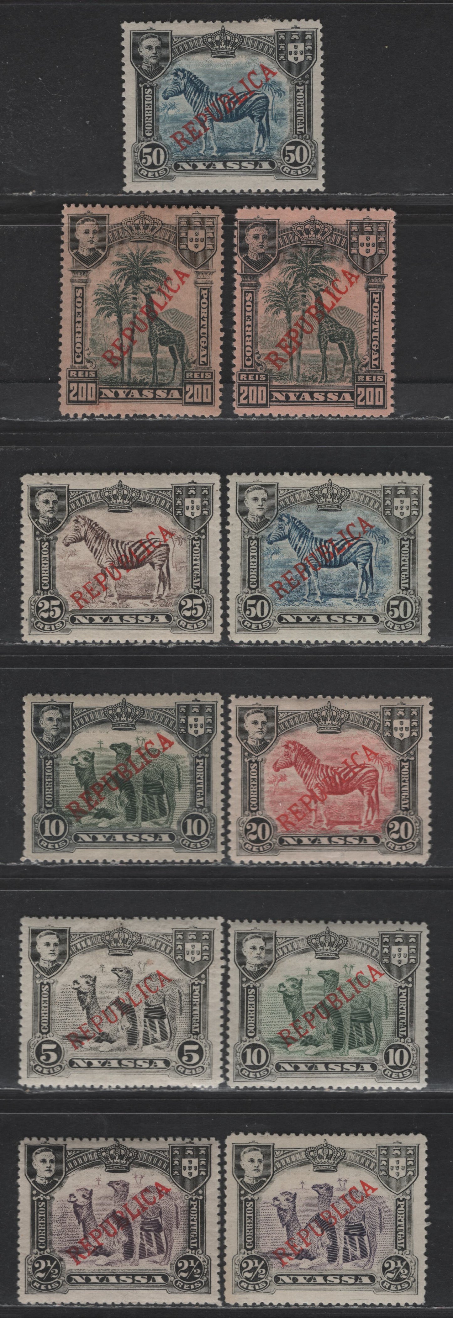 Nyassa SC#51-56, 59 2.5r - 200r Black & Violet - Black & Deep Green on Salmon Camels - Giraffe, 1911 Republica Overprinted Issue, 11 VFOG Singles, Includes Shades