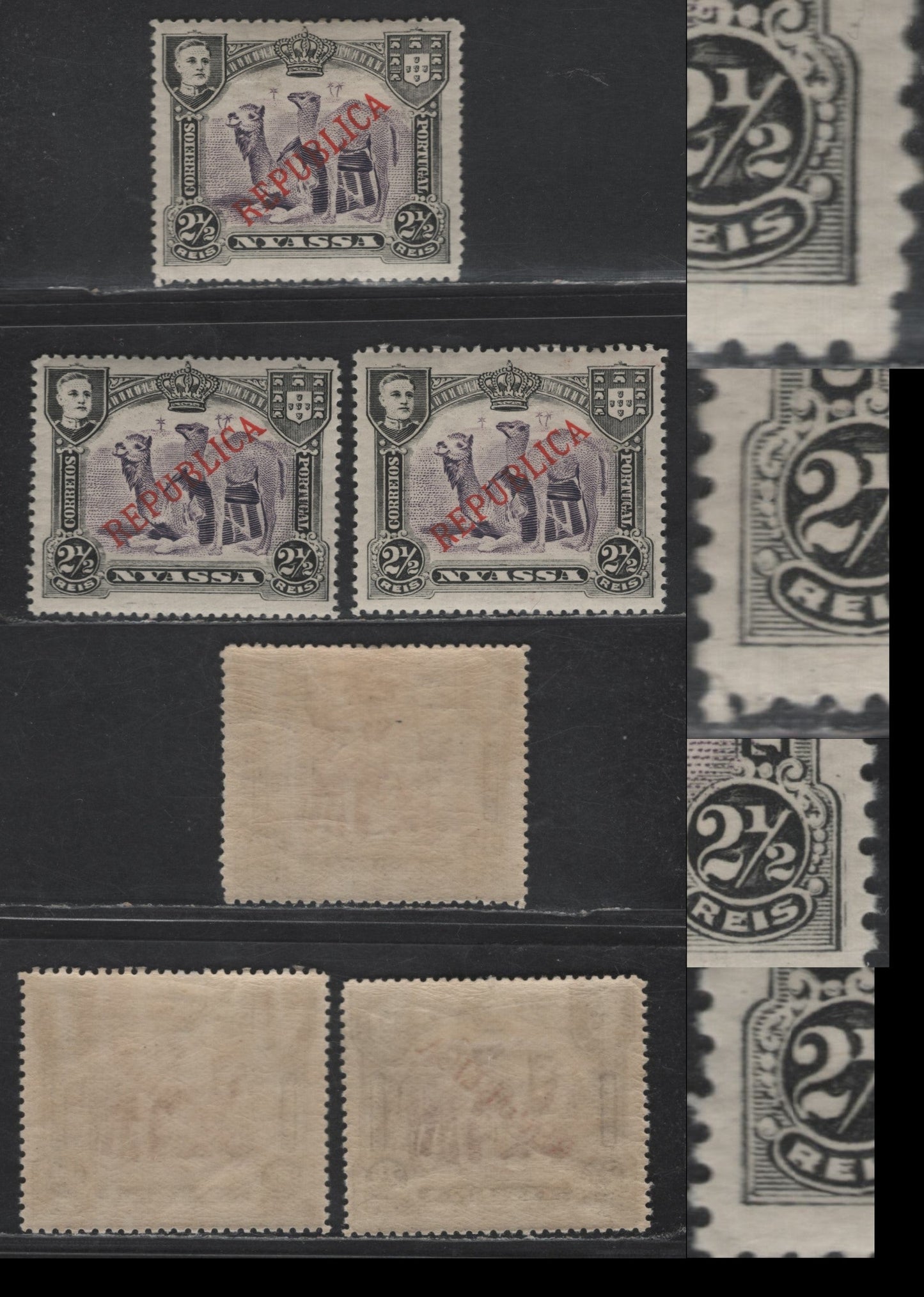 Lot 263 Nyassa SC#51 2.5r Black & Violet Camels, 1911 Republica Overprinted Issue, 3 VFOG Singles, Perfs 14x14.25, 13.75 & 14.25, All With Re-Entries