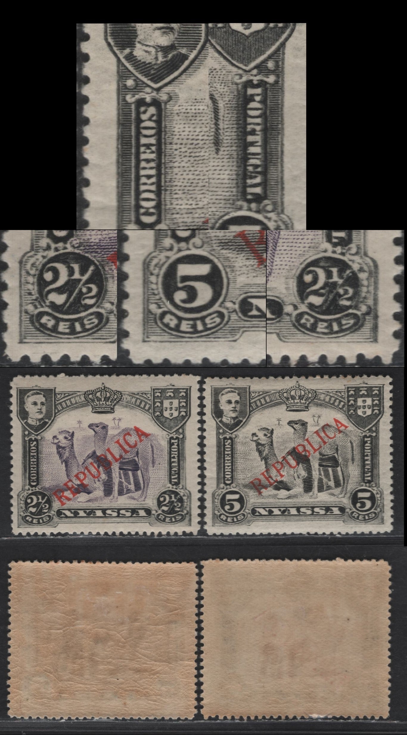 Lot 264 Nyassa SC#51-52 2.5r - 5r Black & Violet -Black Camels, 1911 Republica Overprinted Issue, 2 VFOG Singles, Perfs 14.25 & 14x14.25, Major Slip Prints Showing Dramatic Doubling Of Design In Places