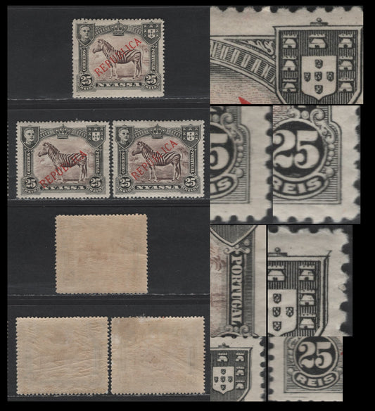 Lot 266 Nyassa SC#55var 25r Black & Violet Brown Zebras, 1911 Republica Overprinted Issue, 3 VFOG Singles, Perfs 15 & 14.25, Re-Entries
