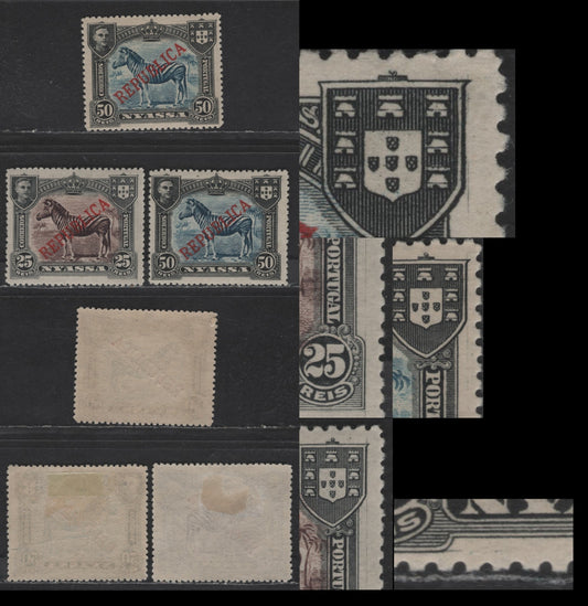 Lot 268 Nyassa SC#55-56 25r & 50r Black & Violet Brown - Black & Deep Blue Zebras, 1911 Republica Overprinted Issue, 3 VFOG Singles, Perf 14, Scratches In Margins as Indicated