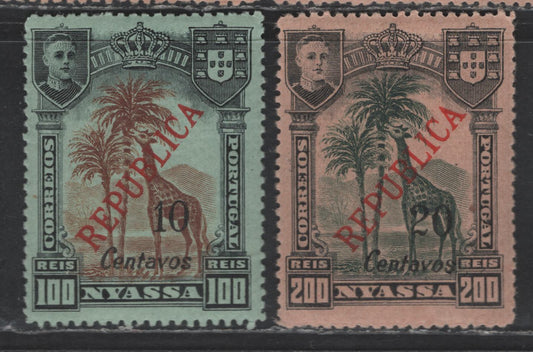 Lot 270 Nyassa SC#91, 93 10c on 100r - 20c on 200r Black & Brown - Black & Deep Green on Salmon Giraffes, 1921 Lisbon Surcharged Pictorial Issue, 2 VFNH Singles, Perf 14