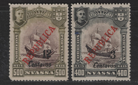 Lot 272 Nyassa SC#88, 92 3c on 400r - 12c on 500r Black & Brown - Black & Green Ship, 1921 Lisbon Surcharged Pictorial Issue, 2 VFOG Singles, Perf 13.75 & 14