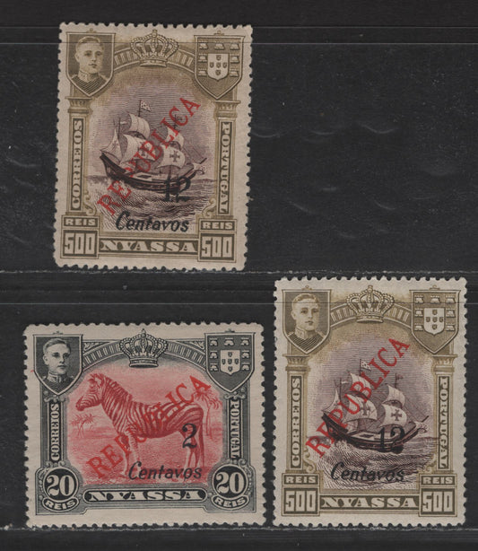 Lot 276 Nyassa SC#98, 104 12c on 500r - 2c on 20r Black & Red - Black & Green Zebras - Ship, 1921 London Surcharged Pictorial Issue, 3 VFOG Singles, Perfs 14.25, 14x14.25 & 14