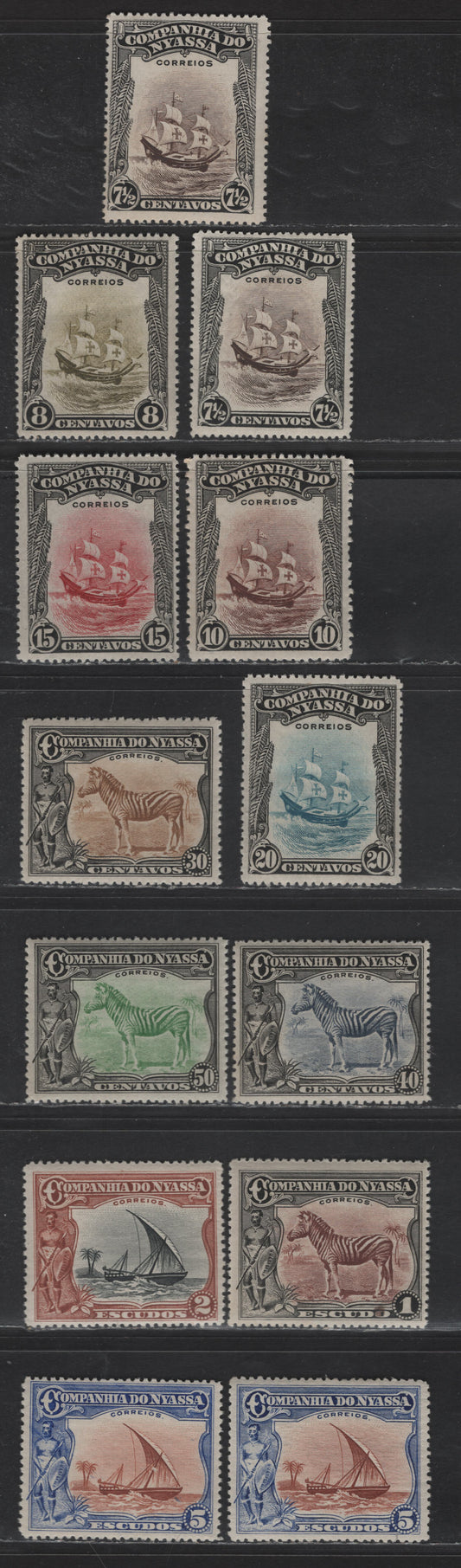 Lot 284 Nyassa SC#115a-123a, 124-125 7.5c - 5e Black & Black Brown - Ultramarine & Red Brown Ships - Zebras, 1921 Pictorial Issue, 13 F/VFNH Singles, Perfs 13.5-15.5 & Compound, Additional Shades