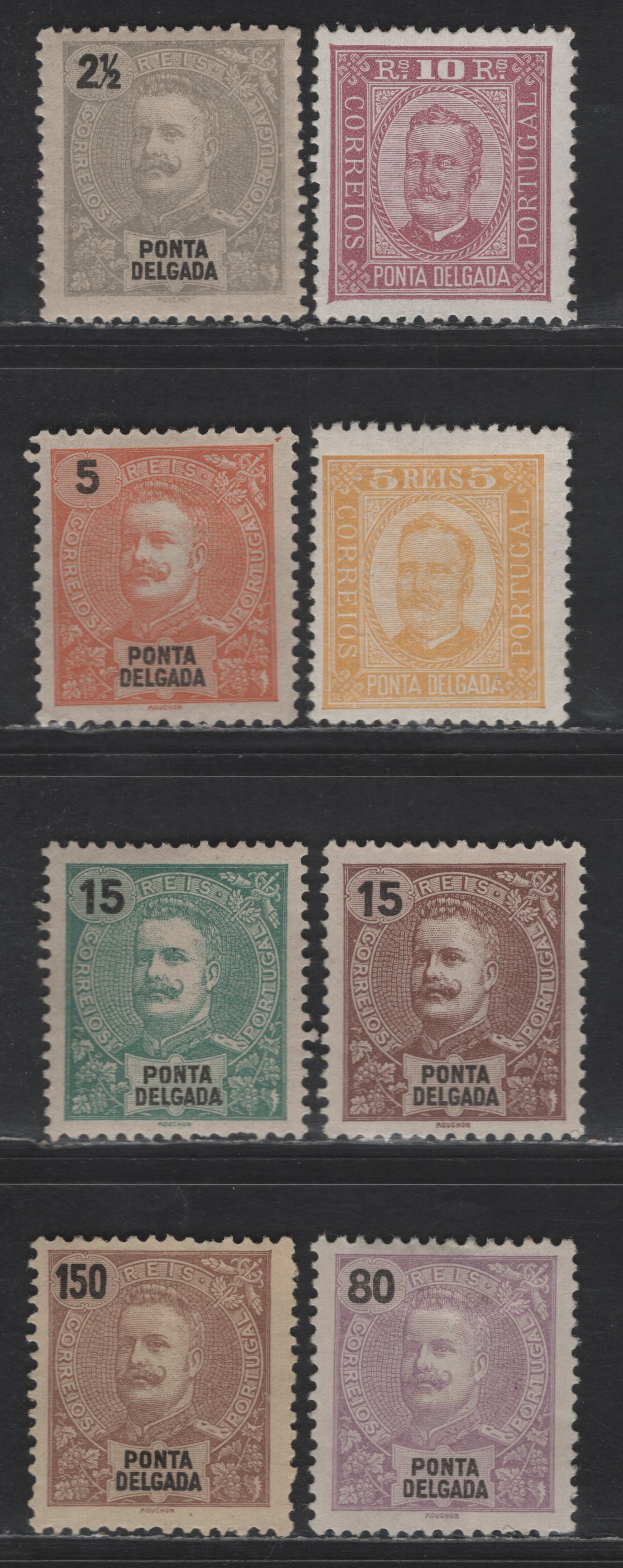 Lot 289 Ponta Delgada SC#1-2, 13a, 14, 16-17, 26, 30 2.5r - 150r Bistre - Brown King Carlos, 1892-1905 King Carlos Issue, 8 F/VFOG Singles