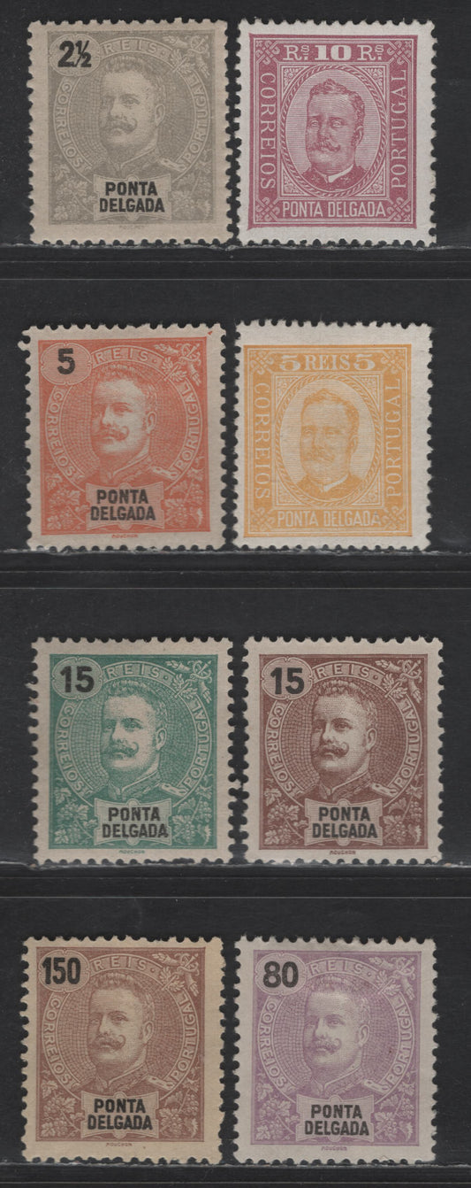 Lot 289 Ponta Delgada SC#1-2, 13a, 14, 16-17, 26, 30 2.5r - 150r Bistre - Brown King Carlos, 1892-1905 King Carlos Issue, 8 F/VFOG Singles