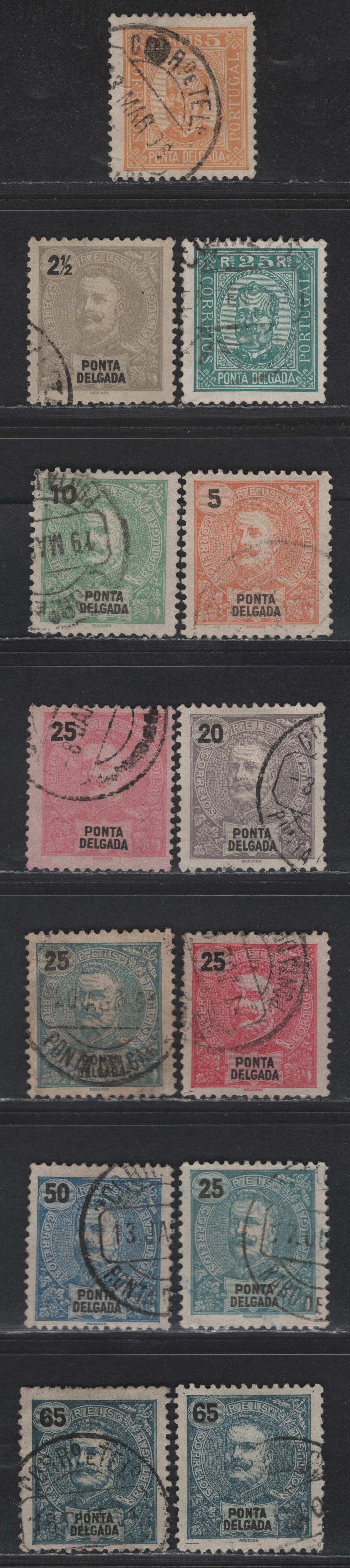 Lot 290 Ponta Delgada SC#5, 13a, 14-16, 18-20. 22. 23a 5r - 65r Orange - Blue King Carlos, 1892-1905 King Carlos Issue, 10 Fine/Very Fine Used Singles