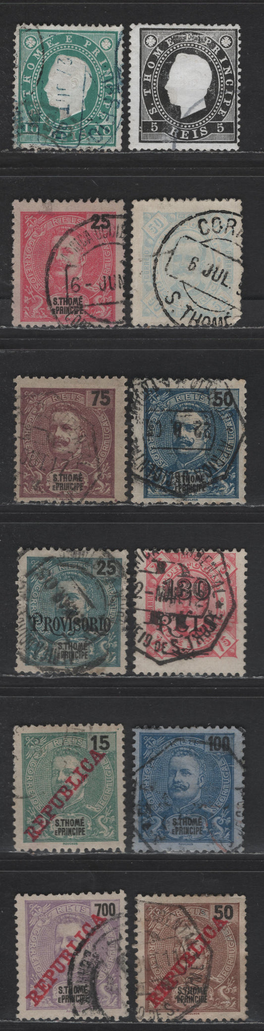 Lot 297 St. Thomas & Prince SC#15-16, 32, 46, 47, 51, 80, 87, 53, 94, 97, 105 5r - 700r Black & Violet on Yellowish King Luiz - King Carlos, 1887-1911 Republica Overprints On King Carlos Issues, 12 Fine/Very Fine Used Singles