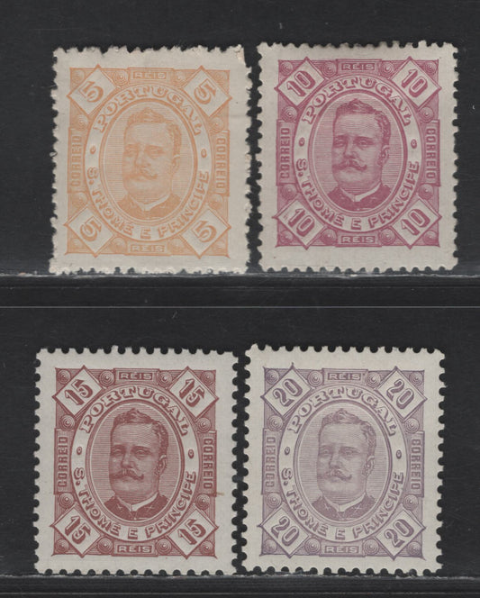 Lot 298 St. Thomas & Prince SC#27-30 5r - 20r Yellow - Lavender King Carlos, 1895 King Carlos Issue, 4 VFOG Singles