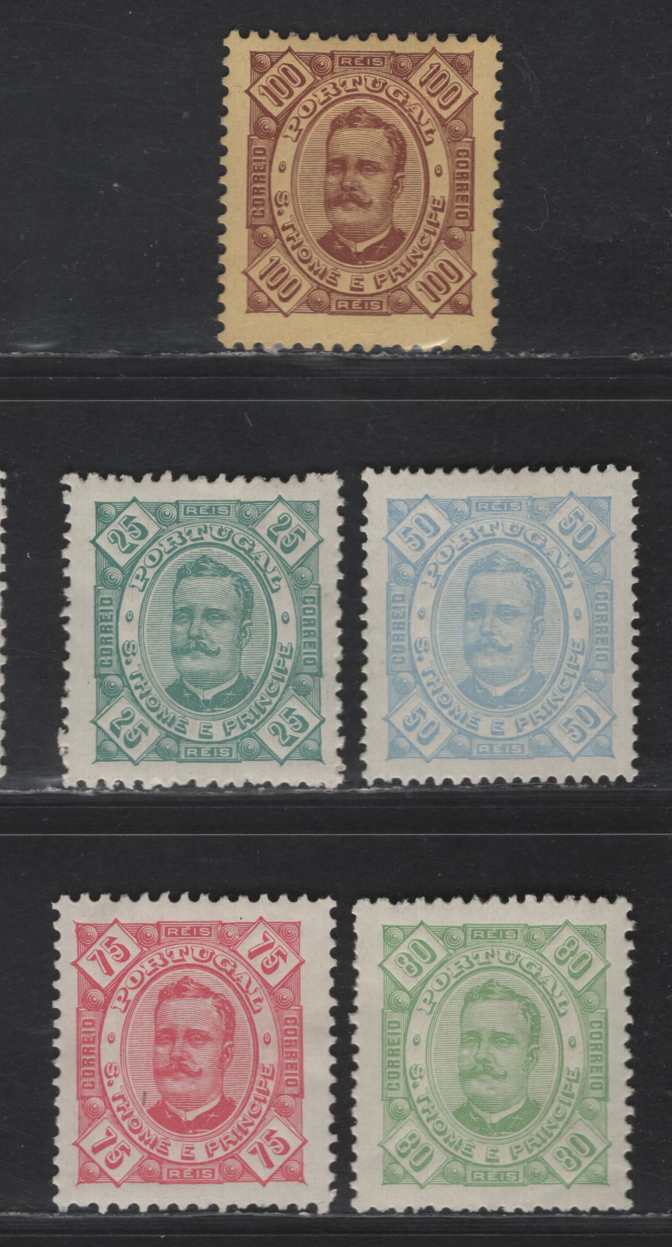Lot 299 St. Thomas & Prince SC#31, 32a, 33-35 25r - 100r Green - Brown on Yellow King Carlos, 1895 King Carlos Issue, 5 F/VFOG Singles