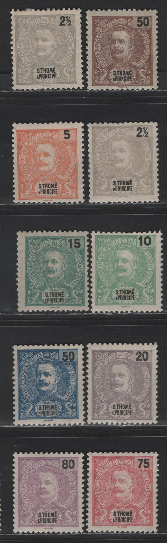 Lot 301 St. Thomas & Prince SC#39-41, 43-44, 47-48, 50, 52 2.5r - 80r Gray - Bright Violet King Carlos, 1898-1903 King Carlos Issue, 9 F/VFOG Singles