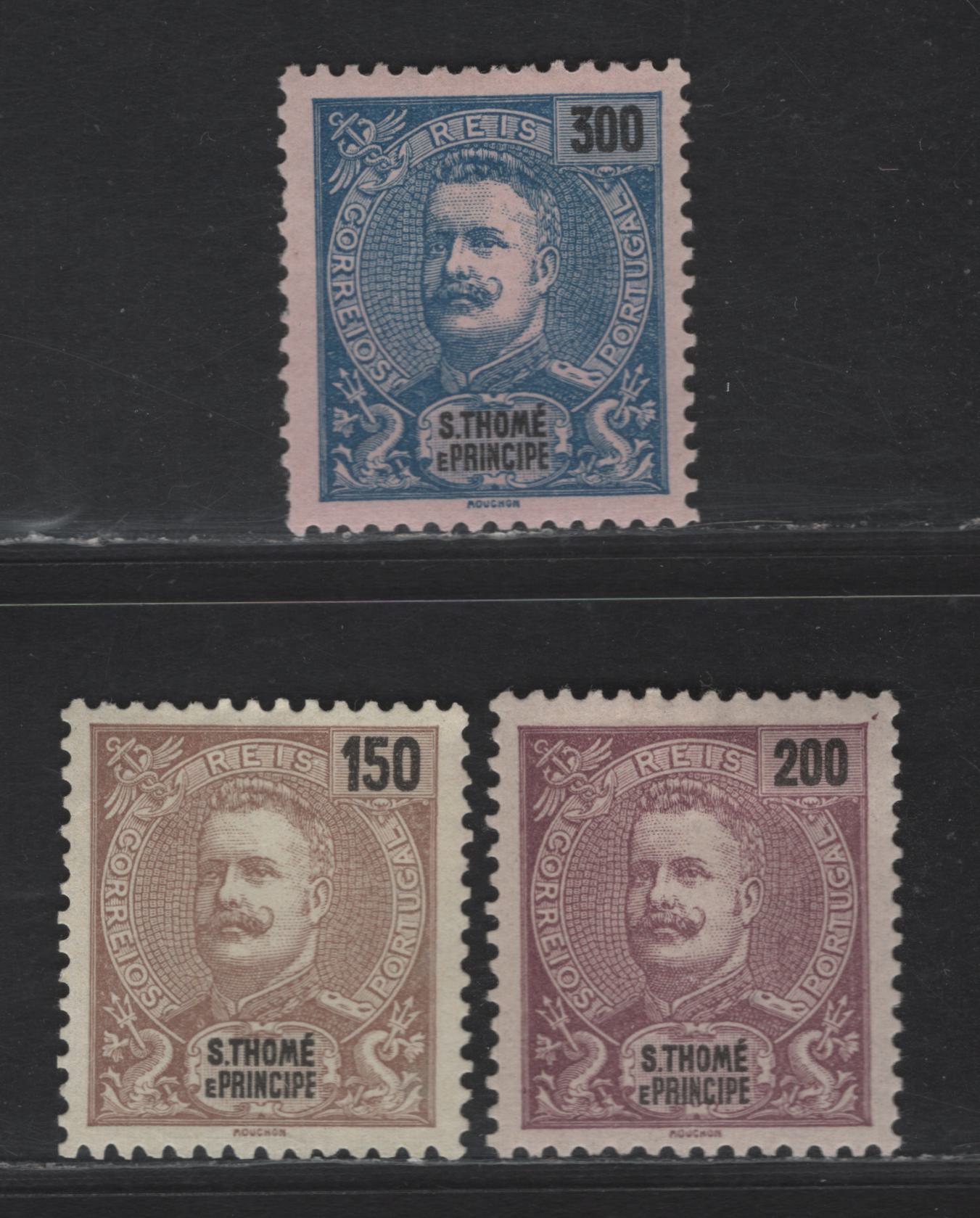 Lot 302 St. Thomas & Prince SC#56-58 150r - 300r Brown - Dark Blue King Carlos, 1898-1903 King Carlos Issue, 3 VFOG & Unused Singles, 150r Issued With & Without Gum