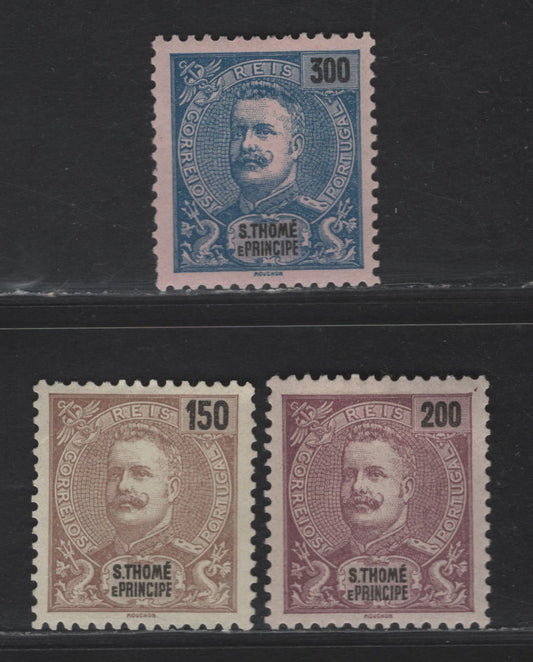 Lot 302 St. Thomas & Prince SC#56-58 150r - 300r Brown - Dark Blue King Carlos, 1898-1903 King Carlos Issue, 3 VFOG & Unused Singles, 150r Issued With & Without Gum