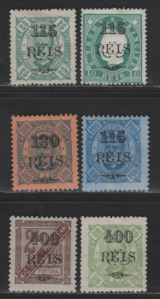 Lot 303 St. Thomas & Prince SC#68, 77, 79, 84, 82, 85 115r on 10r - 400r on 2.4r Blue Green - Brown Surcharges, 1902 Surcharged Issue, 6 F/VFOG Singles