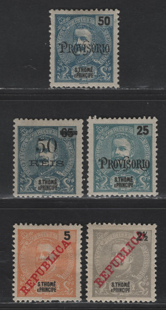 Lot 304 St. Thomas & Prince SC#87-88, 90-92 25r - 5r Sea Green - Orange Portraits, 1902-1911 Provisoria & Republica Overprinted Issue, 5 F/VFOG Singles