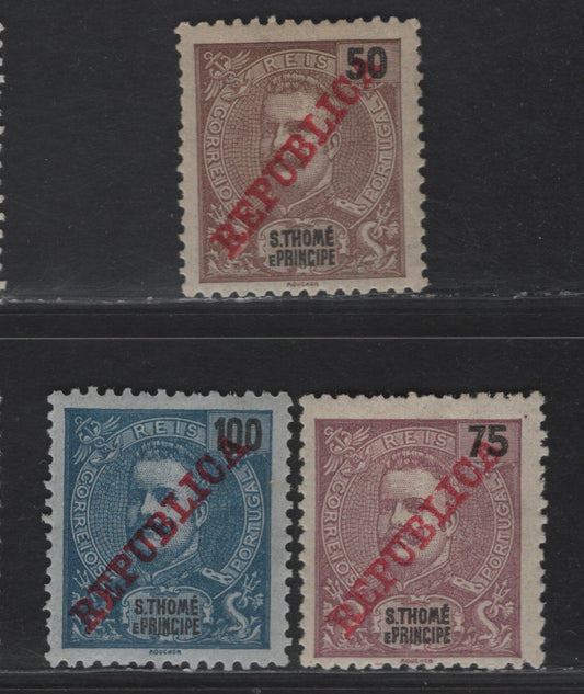 St. Thomas & Prince SC#97-99 50r - 100r Brown - Dark Blue King Carlos, 1911 King Carlos Overprinted Issue, 3 F/VFOG Singles