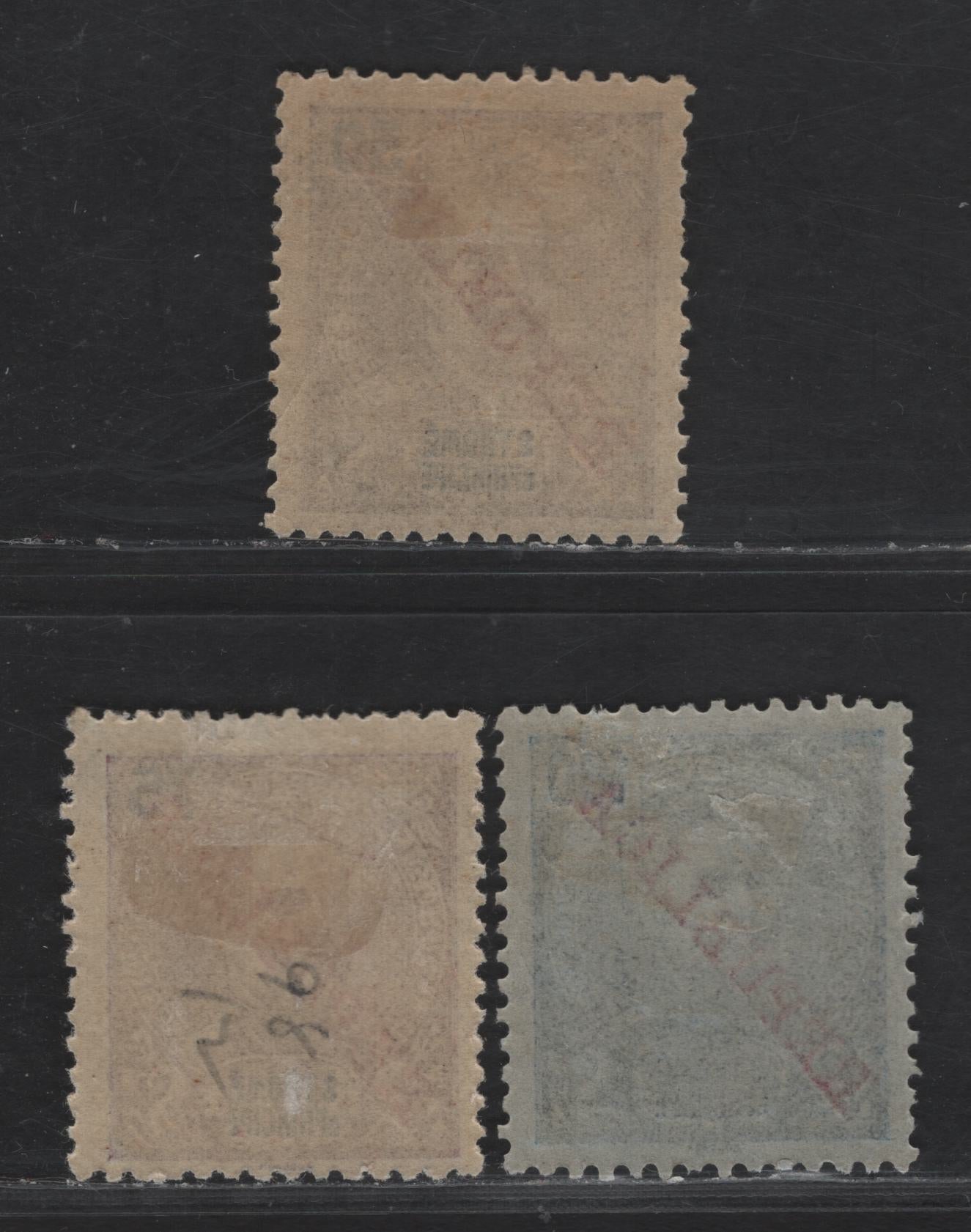 St. Thomas & Prince SC#97-99 50r - 100r Brown - Dark Blue King Carlos, 1911 King Carlos Overprinted Issue, 3 F/VFOG Singles