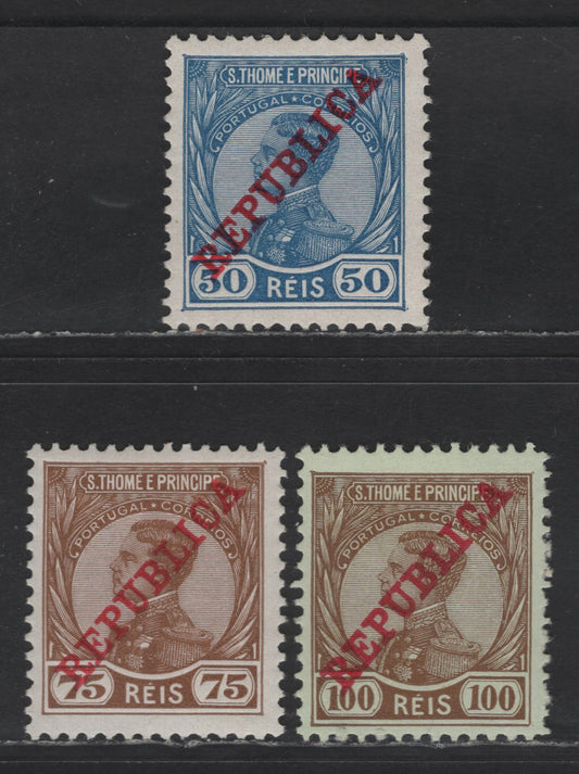 Lot 306 St. Thomas & Prince SC#112-113 50r - 100r Blue - Brown On Light Green King Manuel II, 1912 King Manuel II Issue, 3 F/VFOG Singles
