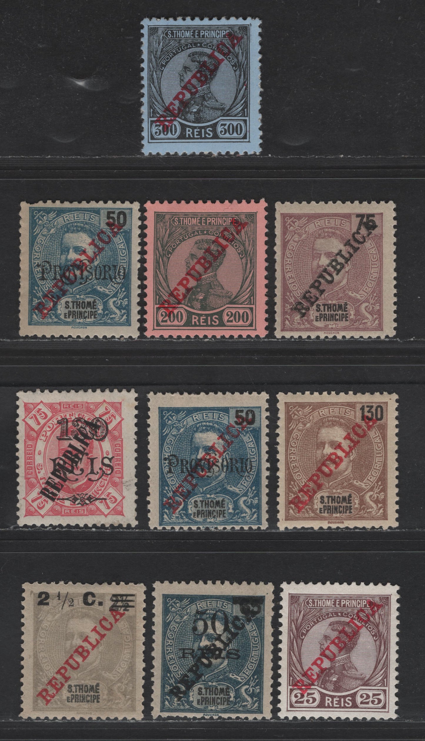 Lot 307 St. Thomas & Prince SC#101, 146, 110, 114-115, 135, 244, 169, 249 130r - 50r Brown on Star - Blue Republica, 1911-1919 Republica Overprints & Surcharge Issues, 10 F/VFOG Singles