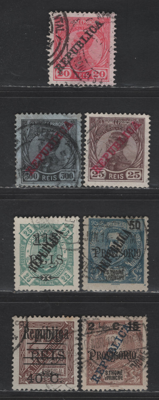 Lot 308 St. Thomas & Prince SC#109-110, 115, 139, 132, 246, 275 100r - 40c on 400r on 2.5r Carmine - Brown King Manuel, 1912-1925 King Manuel - Surcharged Issues, 7 Fine/Very Fine Used Singles