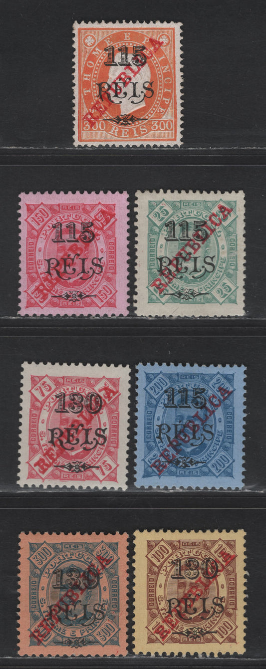 Lot 309 St. Thomas & Prince SC#235, 238-243 115r on 300r - 130r on 300r Orange - Blue on Salmon Republica Overprints, 1915 Surcharged Issue, 7 F/VFOG Singles