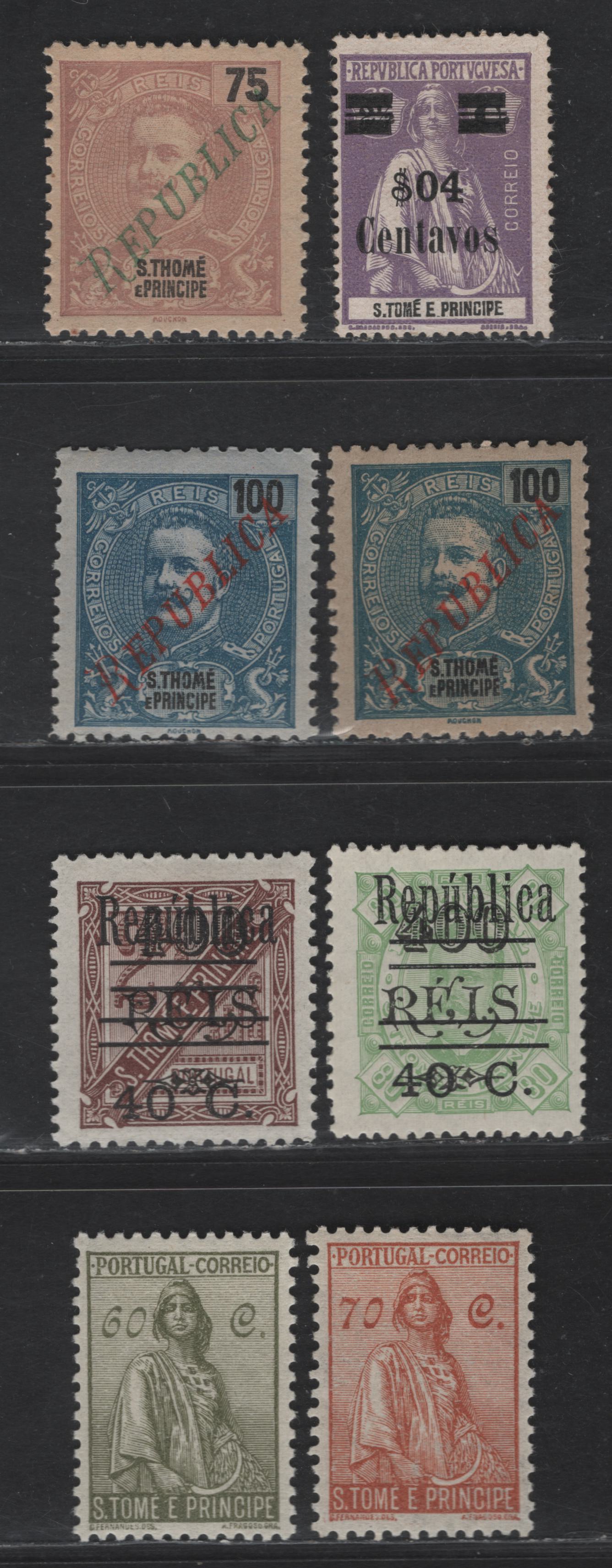 Lot 310 St. Thomas & Prince SC#253, 255-256, 274-275, 292-293 4c on 2.5d - 60c Light Violet - Olive Green Pictorial - Ceres, 1919-1934 Surcharges - Ceres Issues, 7 F/VFOG Singles