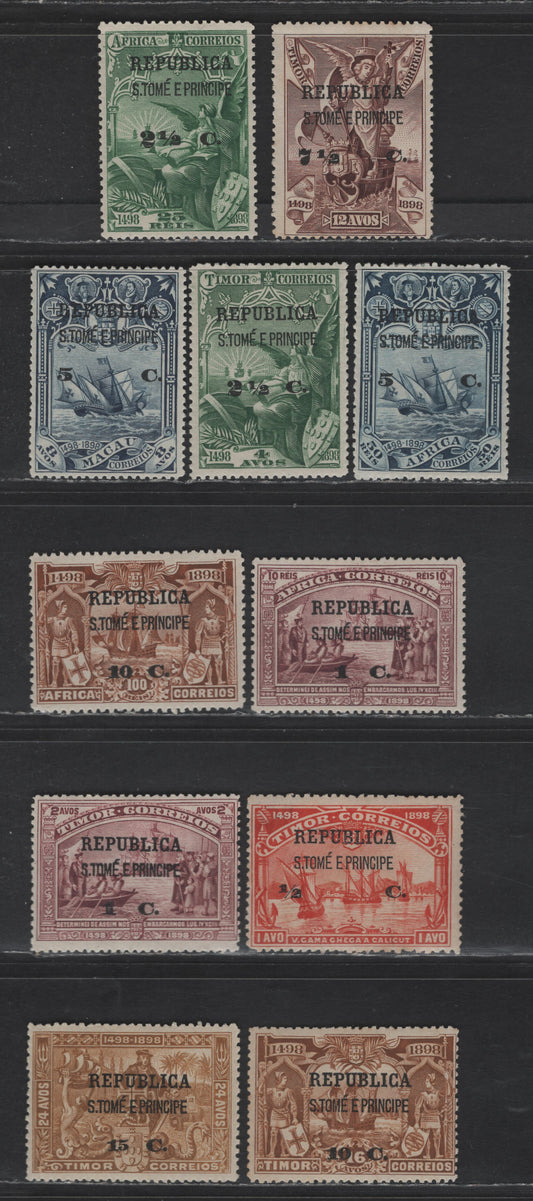 Lot 311 St. Thomas & Prince SC#174, 178, 180-182, 185, 187-189, 191-193 1/2c on 1a - 7.5c on 12c Carmine Lake - Brown Vasco da Gama, 1898-1913 Republica Overprinted Issue, 12 F/VFOG Singles