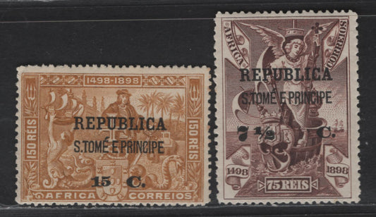 Lot 312 St. Thomas & Prince SC#183, 185 7.5c on 75r - 15c on 150r Violet Brown - Bistre Vasco da Gama, 1898-1913 Republica Overprinted Issue, 2 F/VFOG Singles