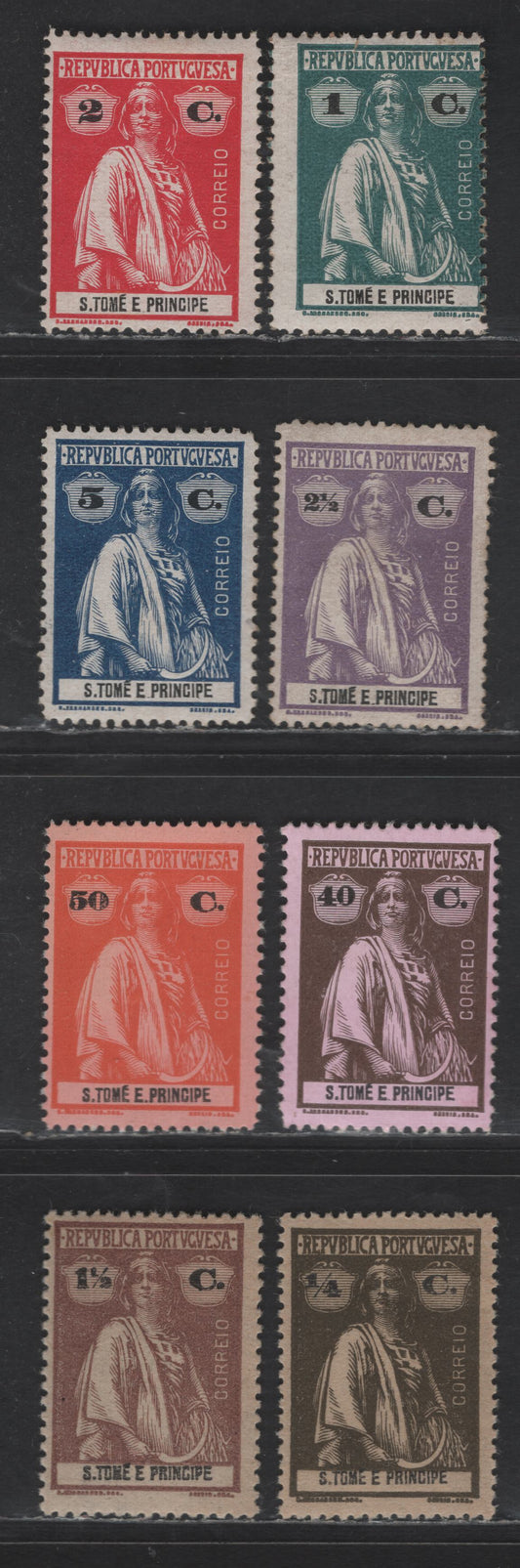 Lot 313 St. Thomas & Prince SC#196, 198-200, 207-208, 210-211 1c - 50c Blue Green - Orange on Salmon Ceres, 1914-1920 Ceres Issue, 8 FOG/NH Singles, Chalky & Ordinary Paper, Perf 15x14