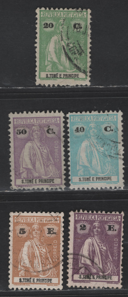 Lot 314 St. Thomas & Prince SC#232, 233c,d,j,k 20c - 5e Yellow Green - Buff Ceres, 1922-1926 Ceres Issue, 5 Fine/Very Fine Used Singles, Ordinary & Glazed Paper, Perf 12x11.5