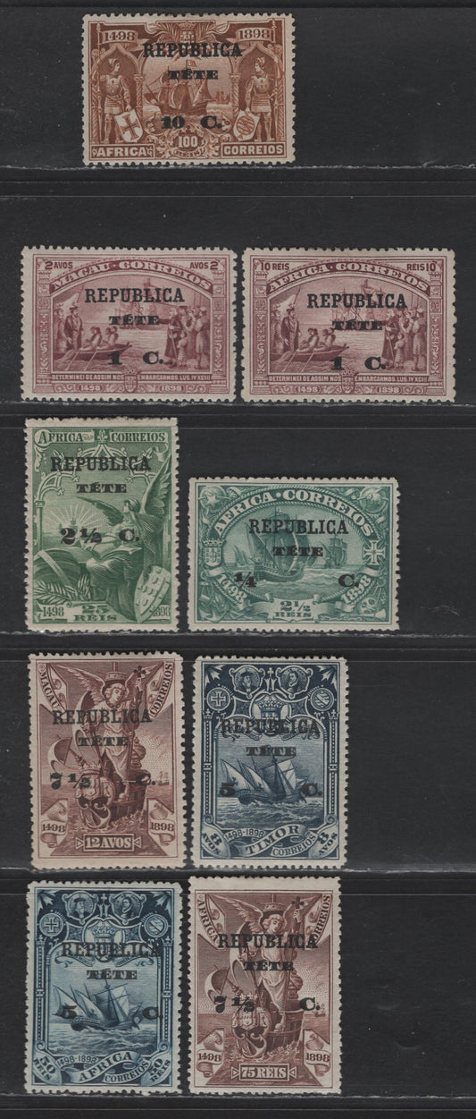 Lot 318 Tete SC#3, 6, 9, 11-15, 21 1c on 2a - 5c on 8a Red - Dark Blue Vasco da Gama, 1918-1913 Republica Overprinted 1898 Issue, 9 F/VFOG Singles