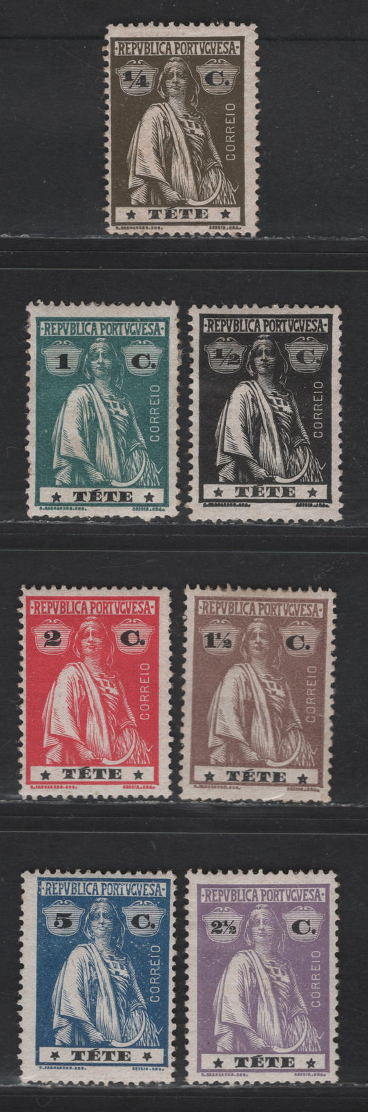 Lot 320 Tete SC#25-31 1/4c - 5c Olive Brown - Deep Blue Ceres, 1914 Ceres Issue, 7 F/VFOG Singles, Chalky Paper, Perf 15x14