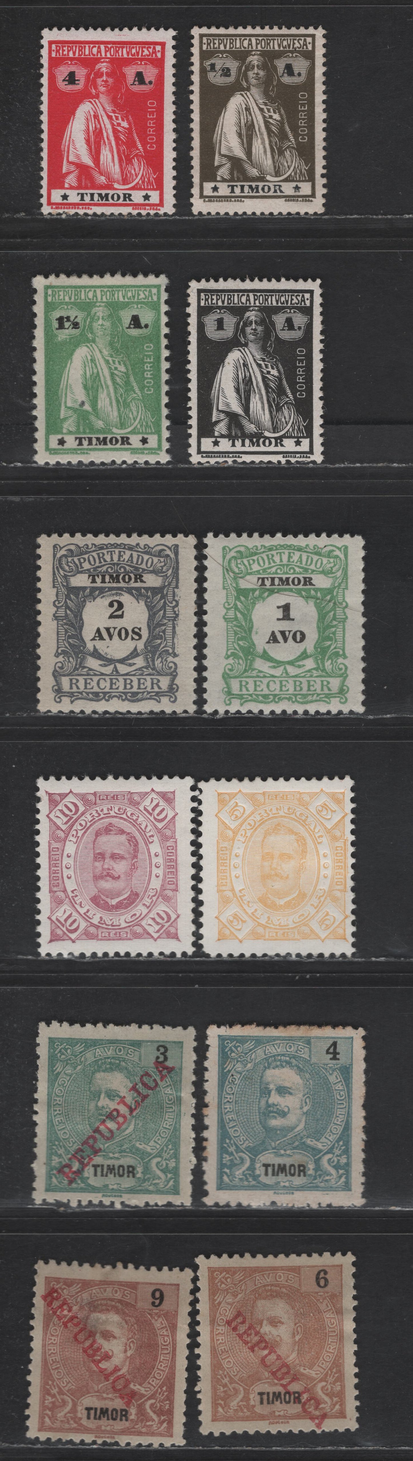Lot 322 Timor SC#22-23, 59, 109, 135-136, 156-157, 160, 175, J1-J2 5r - 2a Yellow - Slate King Carlos - Numerals, 1894-1904 King Carlos & Postage Due Issues, 12 F/VFOG Singles