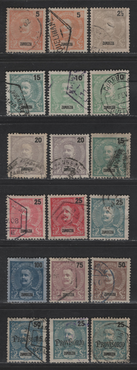 Lot 324 Zambezia SC#13-15, 17, 19-20, 22, 25, 27, 50-51 2.5r - 50r Gray - Blue King Carlos - Provisorio, 1898-1903 King Carlos - Provisorio Overprinted Issues, 18 Fine/Very Fine Used Singles, Includes Unlisted Shade Variations
