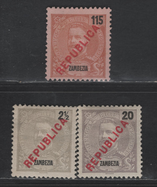 Lot 326 Zambezia SC#95, 99, 102 2.5r - 115r Gray - Orange Brown Republica Overprints, 1917 Sans Serif Republica Overprinted Issue, 3 F/VFOG Singles