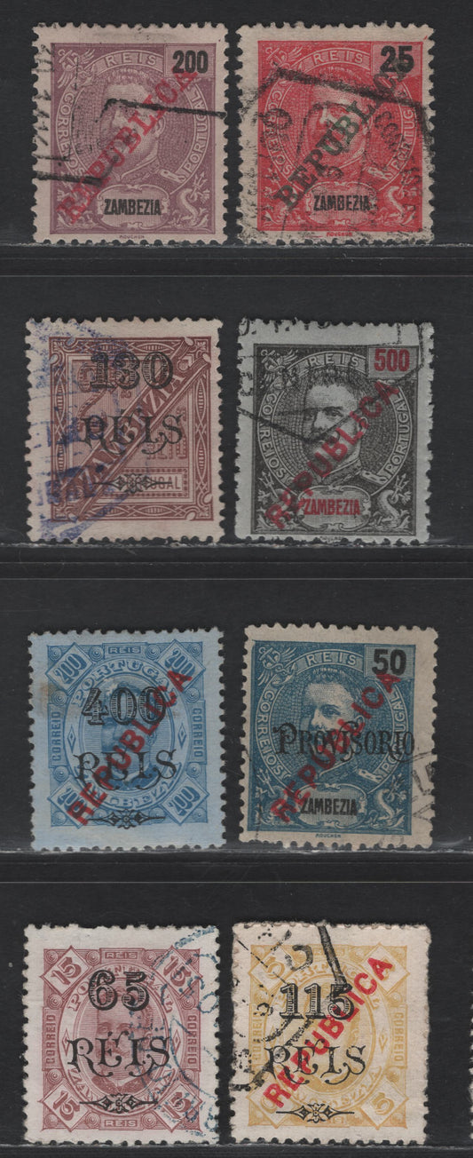 Lot 327 Zambezia SC#59, 65, 106, 37, 48, 81-82, 73 25r - 50r Carmine & Blue King Carlos - Republica, 1898-1914 King Carlos - Sans Serif Repuiblica Overprinted Issues, 8 F/VFOG Singles
