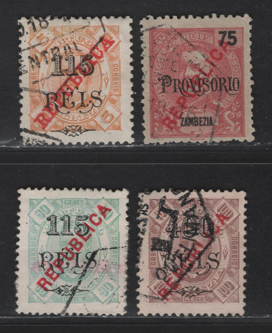 Lot 328 Zambezia SC#75, 80, 83-84 115r on 80r - 115r on 5r Yellow Green - Yellow Republica Overprints, 1914-1915 Republica Overprints, 4 Fine/Very Fine Used Singles