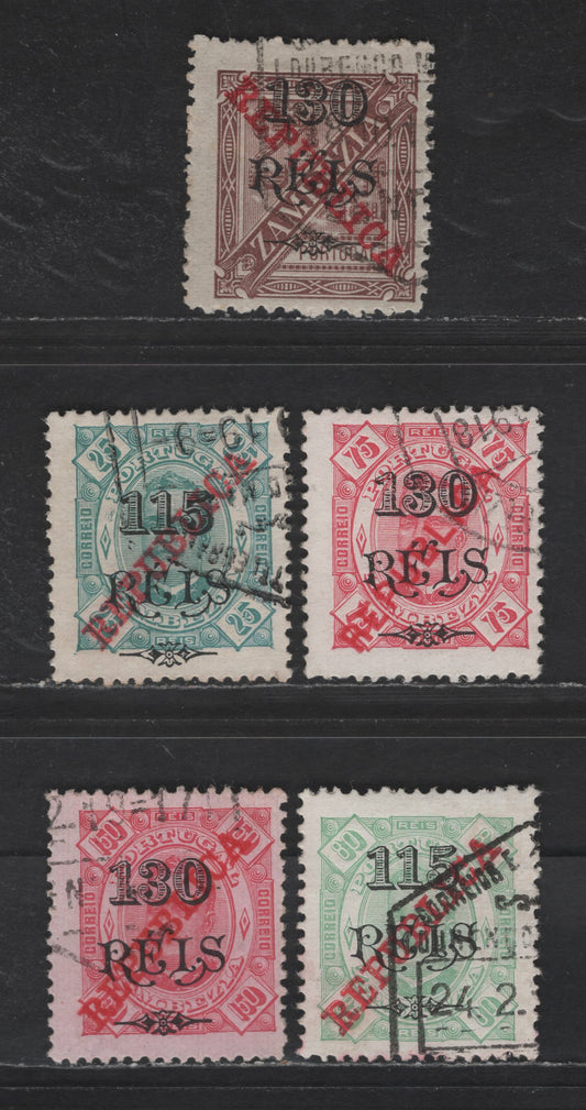 Lot 329 Zambezia SC#77a, 85-86, 88, 92 130r on 75r - 130r on 2.5r Carmine - Brown Republica, 1914-1915 Republica Overprints, 5 Fine/Very Fine Used Singles, Perf 12.5