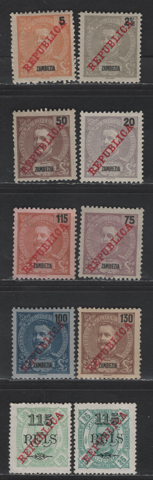 Lot 332 Zambezia SC#54-55, 58, 60-664, 85-86 2.5r - 115r on 80r Gray - Light Green Republica, 1911-1915 Republica Overprinted Issue, 10 F/VFOG Singles